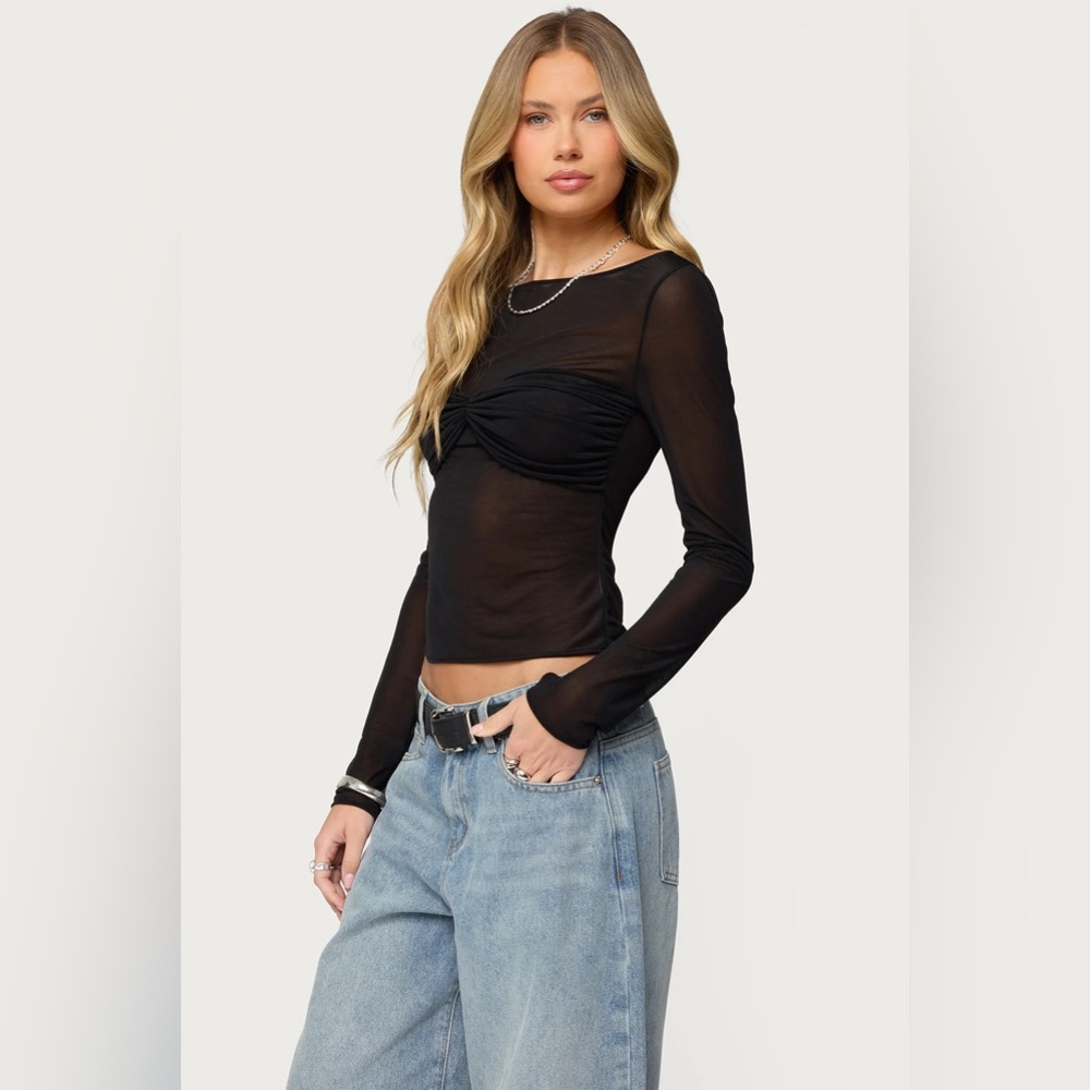Birdies Black Sheer Off-Shoulder Long Sleeve Top